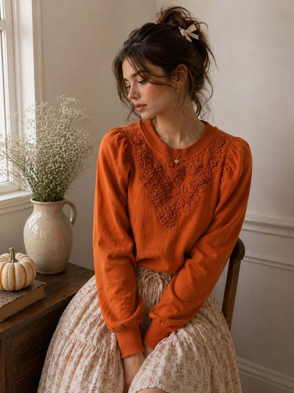 Anthropologie XS Pumpkin Orange Floral Appliqué Puff Sleeve Sweatshirt Boho